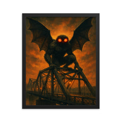 Mothman over Point Pleasant bridge steel framed print on a plain backdrop in size 16"x20".