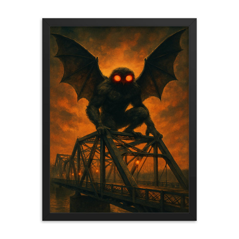 Mothman over Point Pleasant bridge steel framed print on a plain backdrop in size 18