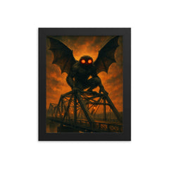 Mothman over Point Pleasant bridge steel framed print on a plain backdrop in size 8"x10".