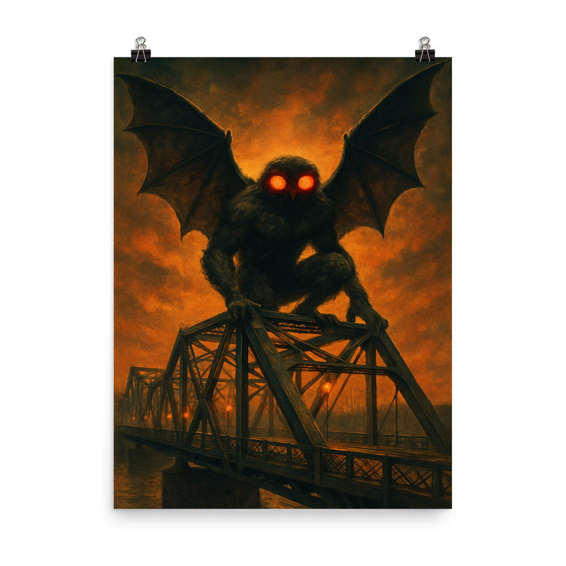 Mothman over Point Pleasant bridge steel poster on a plain backdrop in size 8