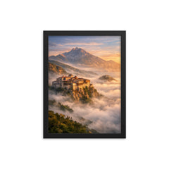 Mount Athos monasteries above the Aegean mist framed print on a plain backdrop in size 12"x16".