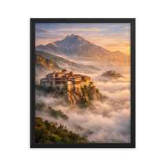 Mount Athos monasteries above the Aegean mist framed print on a plain backdrop in size 16"x20".