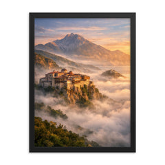 Mount Athos monasteries above the Aegean mist framed print on a plain backdrop in size 18"x24".