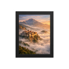 Mount Athos monasteries above the Aegean mist framed print on a plain backdrop in size 8"x10".