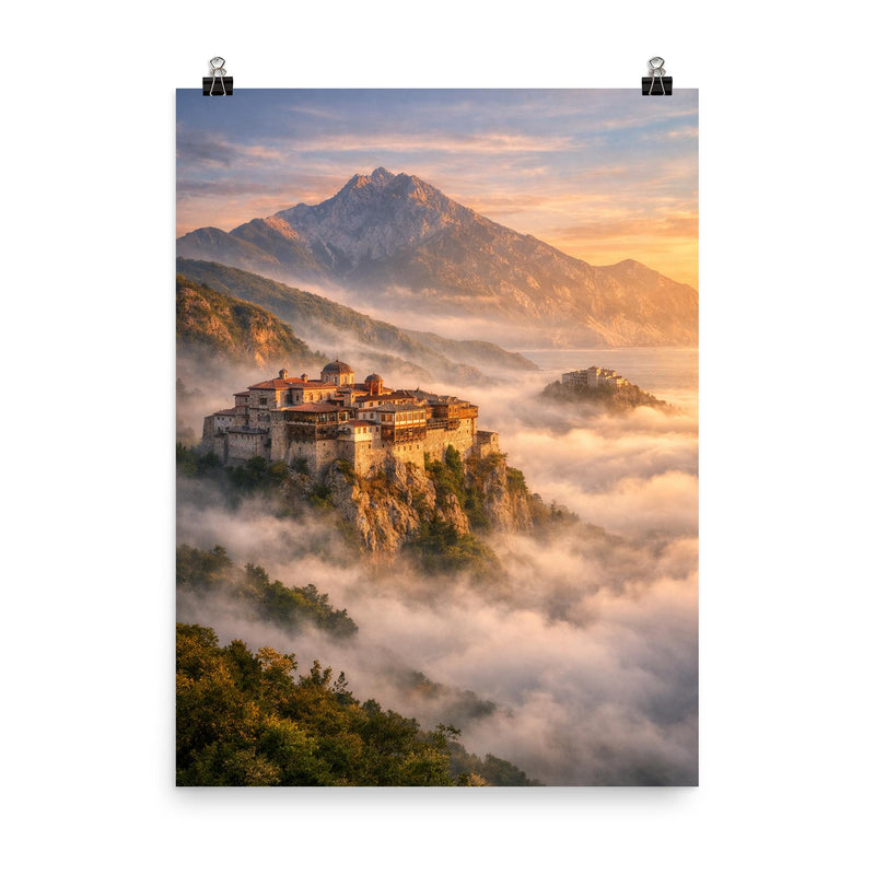 Mount Athos monasteries above the Aegean mist poster on a plain backdrop in size 8