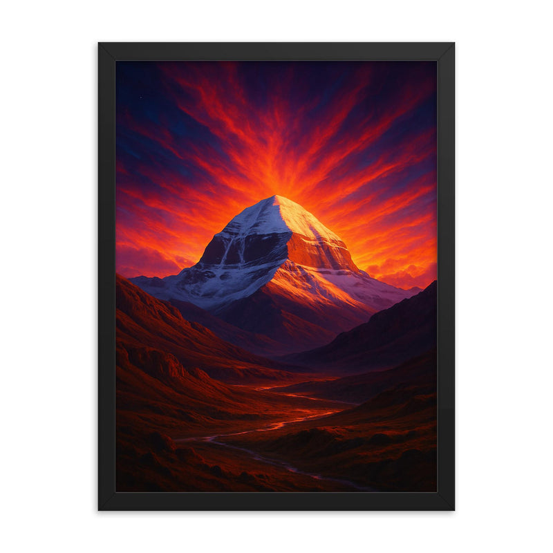 Mount Kailash beneath impossible dawn light framed print on a plain backdrop in size 18