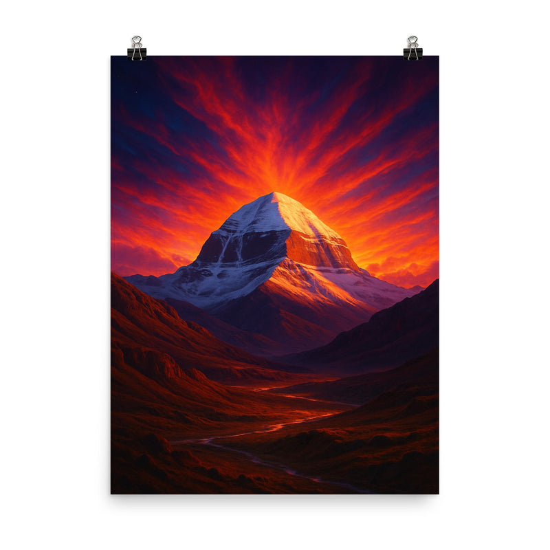 Mount Kailash beneath impossible dawn light poster on a plain backdrop in size 8