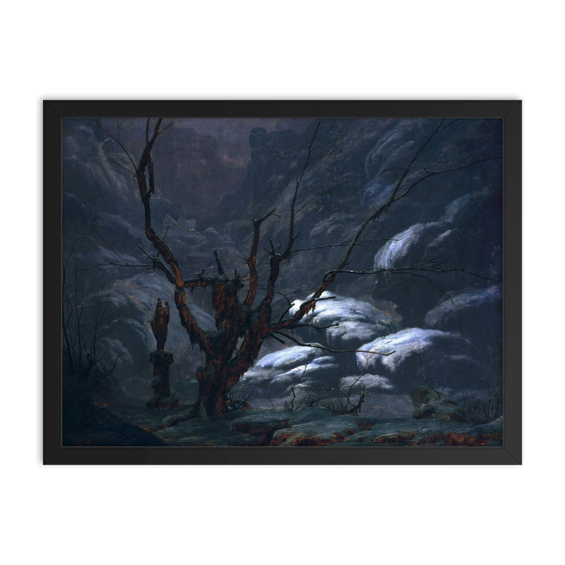 Mountain Gorge in the Winter by Carl Eduard Blechen, 1825 framed print on a plain backdrop in size 18