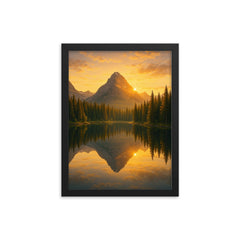 Mountain lake at sunrise with pine reflections framed print mockup 12x16