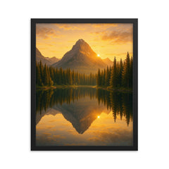 Mountain lake at sunrise with pine reflections framed print mockup 16x20