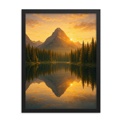 Mountain lake at sunrise with pine reflections framed print mockup 18x24
