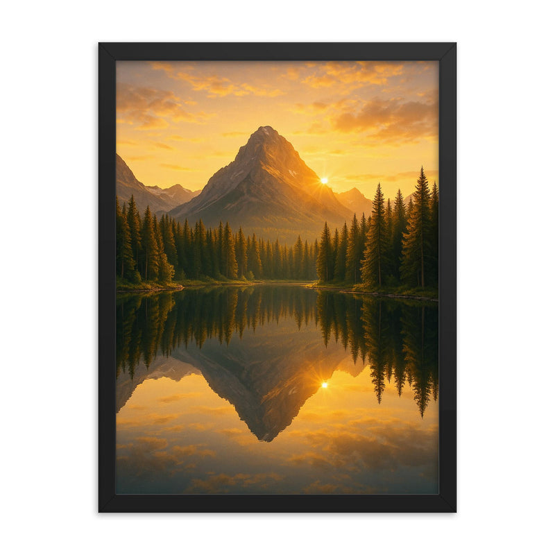 Mountain lake at sunrise with pine reflections framed print mockup 18x24