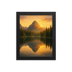Mountain lake at sunrise with pine reflections framed print mockup 8x10