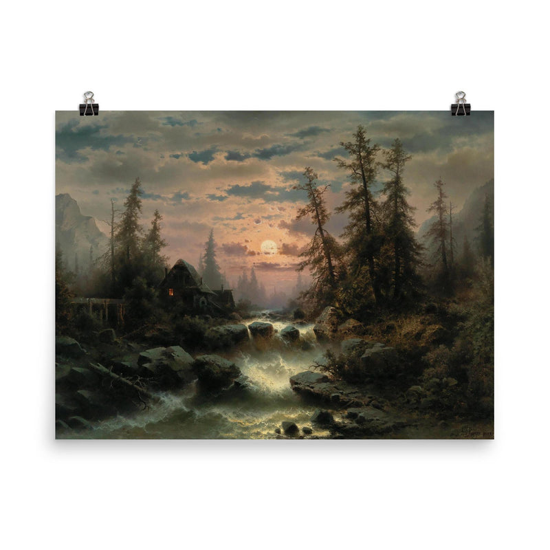 Mountain Stream in the Moonlight by Albert Rieger poster on a plain backdrop in size 8