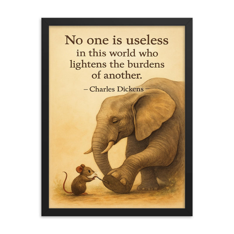 mouse helping elephant quote lighten burdens inspiring framed print on a plain backdrop in size 18