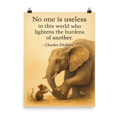 mouse helping elephant quote lighten burdens inspiring poster on a plain backdrop in size 8"x10".