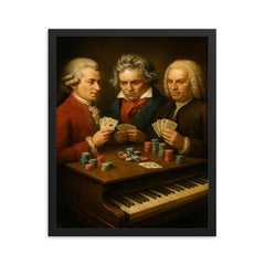 Mozart Beethoven and Bach playing poker using a piano as a table framed print on a plain backdrop in size 16"x20".