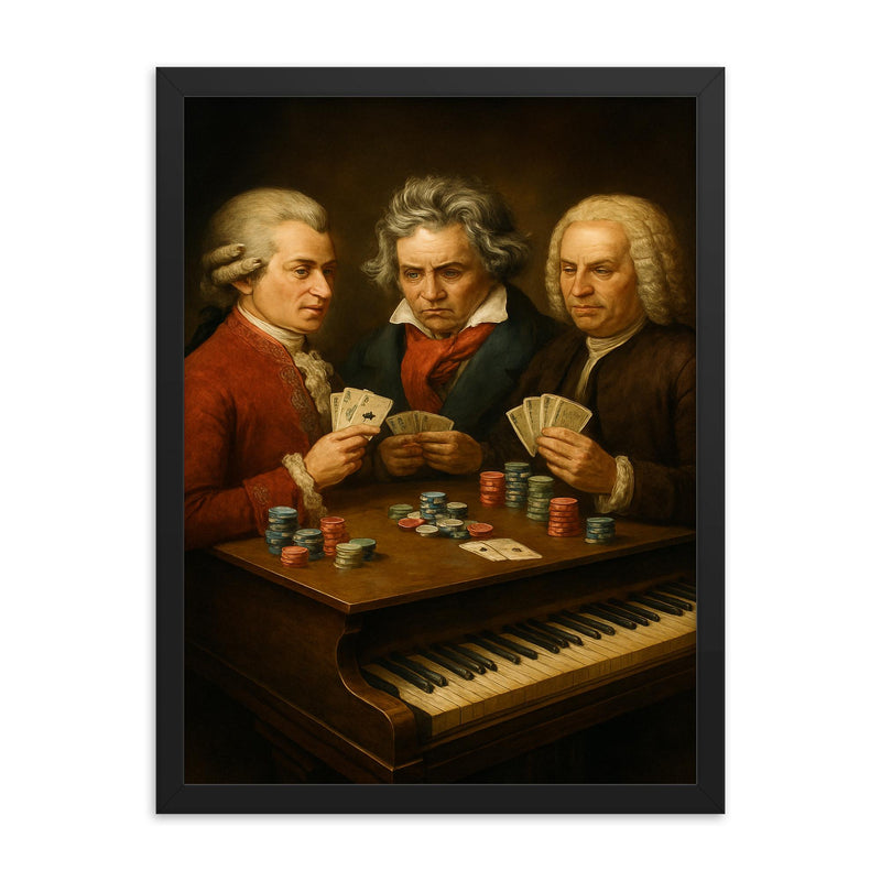 Mozart Beethoven and Bach playing poker using a piano as a table framed print on a plain backdrop in size 18