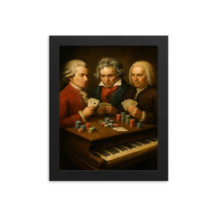 Mozart Beethoven and Bach playing poker using a piano as a table framed print on a plain backdrop in size 8"x10".