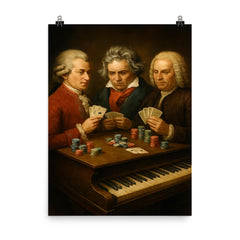 Mozart Beethoven and Bach playing poker using a piano as a table poster on a plain backdrop in size 8"x10".