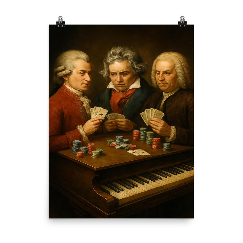 Mozart Beethoven and Bach playing poker using a piano as a table poster on a plain backdrop in size 8