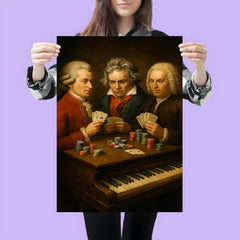 Mozart Beethoven and Bach playing poker using a piano as a table poster 3