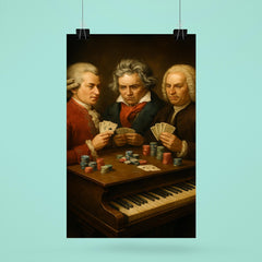 Mozart Beethoven and Bach playing poker using a piano as a table poster 6