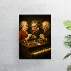 Mozart Beethoven and Bach playing poker using a piano as a table poster 7