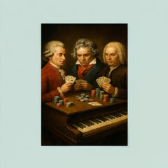 Mozart Beethoven and Bach playing poker using a piano as a table poster 8