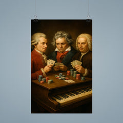 Mozart Beethoven and Bach playing poker using a piano as a table poster 9