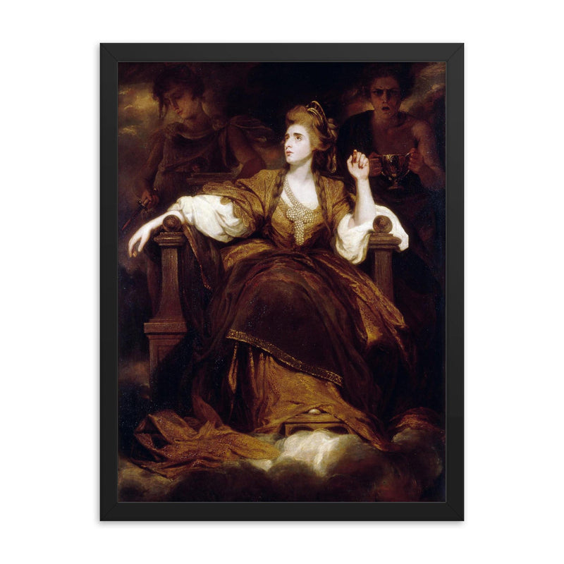 Mrs. Siddons as the Tragic Muse by Joshua Reynolds, 1789 framed print on a plain backdrop in size 18