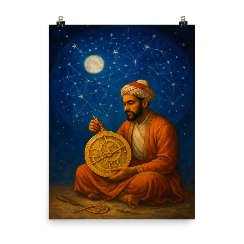 Mughal astrolabe maker under indigo celestial dome poster on a plain backdrop in size 8