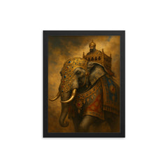 Mughal war elephant in jeweled armor framed print on a plain backdrop in size 12"x16".