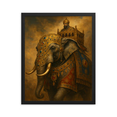 Mughal war elephant in jeweled armor framed print on a plain backdrop in size 16"x20".