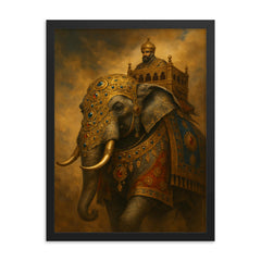 Mughal war elephant in jeweled armor framed print on a plain backdrop in size 18"x24".