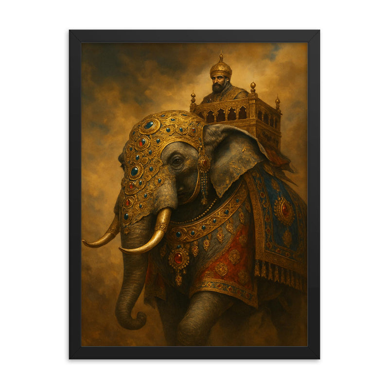 Mughal war elephant in jeweled armor framed print on a plain backdrop in size 18