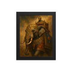 Mughal war elephant in jeweled armor framed print on a plain backdrop in size 8"x10".