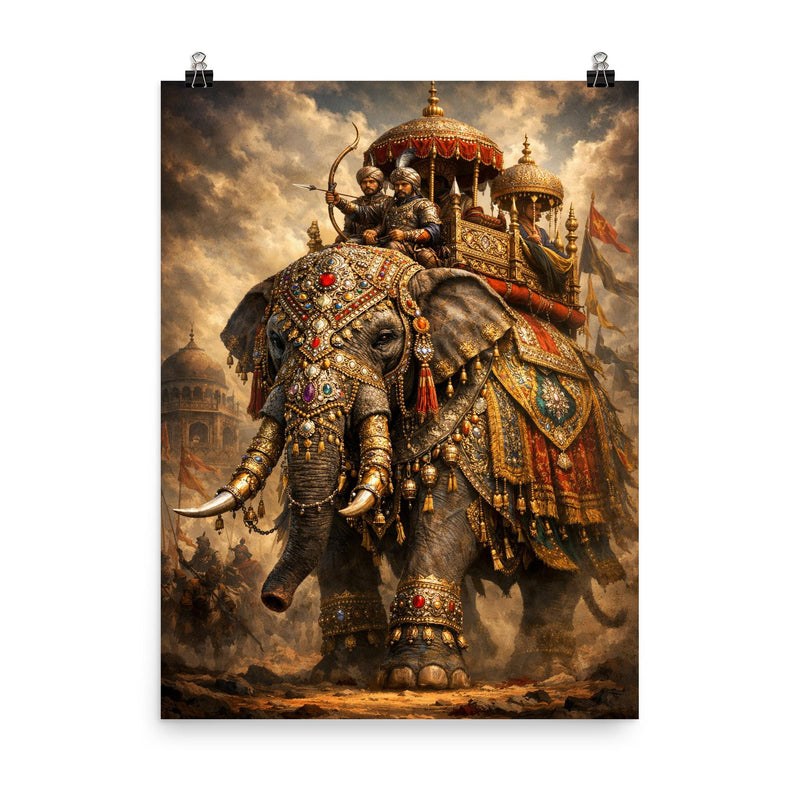 Mughal war elephant in jeweled armor poster on a plain backdrop in size 8