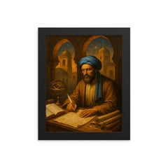 Muhammad ibn Musa al Khwarizmi House of Wisdom tableau framed print on a plain backdrop in size 8"x10".