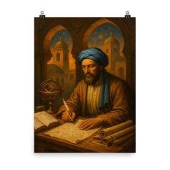 Muhammad ibn Musa al Khwarizmi House of Wisdom tableau poster on a plain backdrop in size 8"x10".
