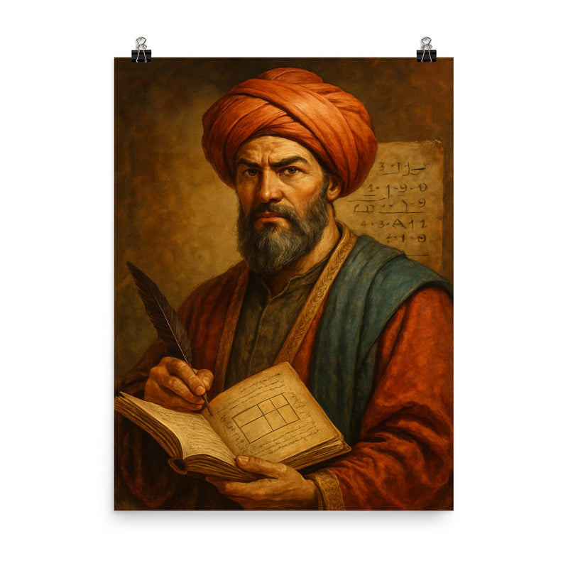 Muhammad ibn Musa al Khwarizmi poster on a plain backdrop in size 8