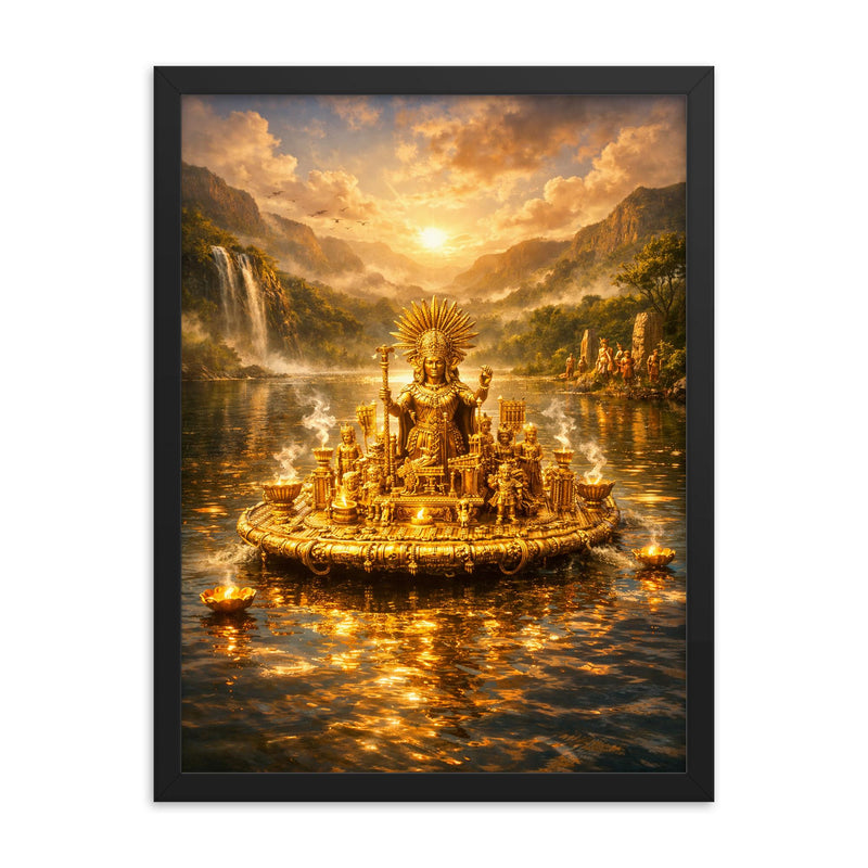 Muisca golden raft on sacred lake framed print on a plain backdrop in size 18