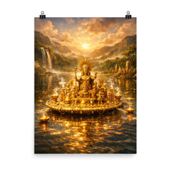 Muisca golden raft on sacred lake poster on a plain backdrop in size 8"x10".
