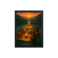 Muisca golden raft ritual at Lake Guatavita framed print on a plain backdrop in size 12"x16".