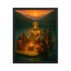 Muisca golden raft ritual at Lake Guatavita framed print on a plain backdrop in size 16"x20".