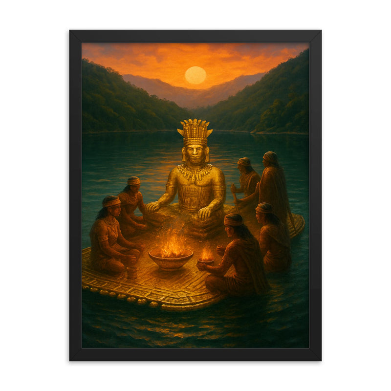 Muisca golden raft ritual at Lake Guatavita framed print on a plain backdrop in size 18