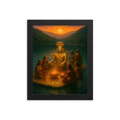 Muisca golden raft ritual at Lake Guatavita framed print on a plain backdrop in size 8"x10".