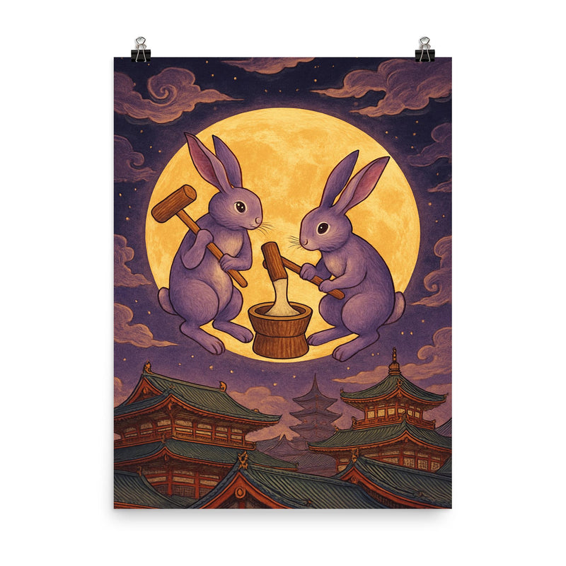 Murasaki moon rabbits pounding mochi over Heian rooftops poster on a plain backdrop in size 8