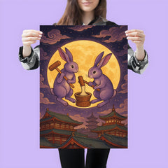 Murasaki moon rabbits pounding mochi over Heian rooftops poster 3