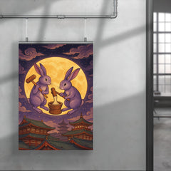 Murasaki moon rabbits pounding mochi over Heian rooftops poster 4